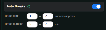 Auto Breaks settings showing configurable break intervals after successful posts