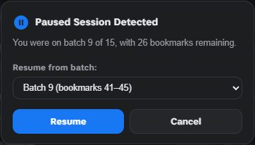 Resume batch panel showing saved campaign position and resume options