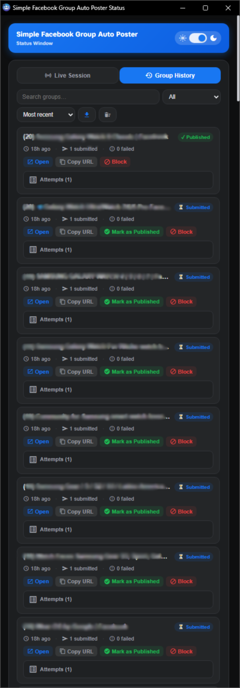 Group posting history with search, CSV export and performance analytics