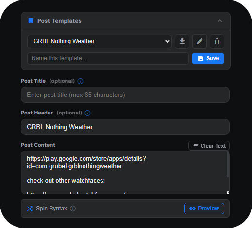 Post templates panel with save, edit and load functionality