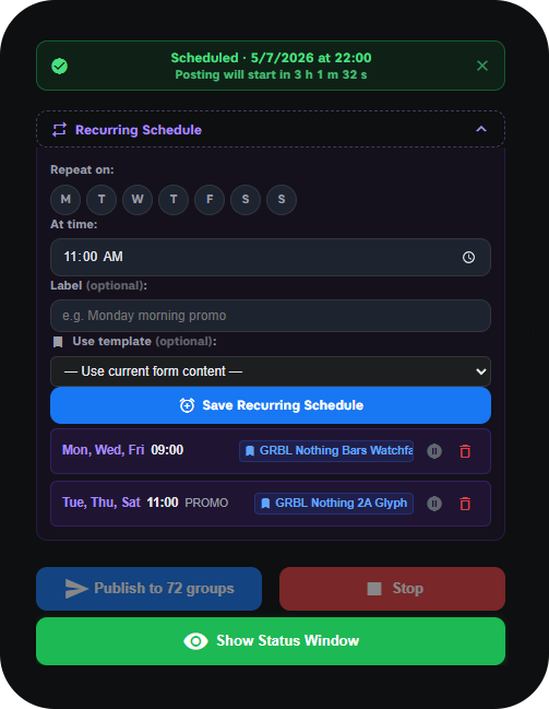 Scheduling panel with recurring schedule management and live countdown