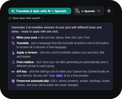 AI post variations panel with translation support