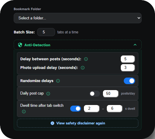 Anti-detection settings with post delays, randomised timing, daily post cap and dwell time