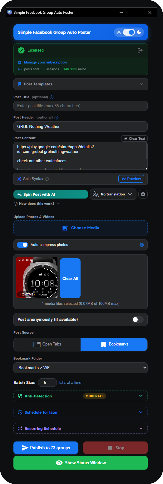 Main extension interface showing all posting controls