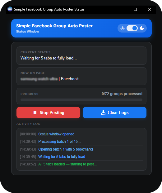 Live status window tracking posting progress across all groups