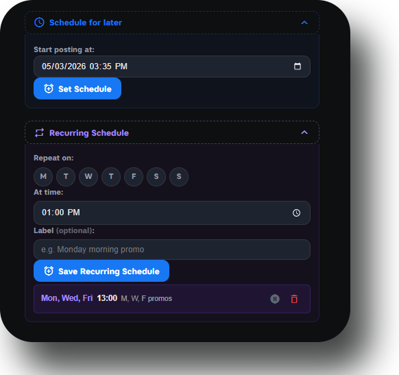 Schedule posts for a specific time or set up a recurring posting schedule